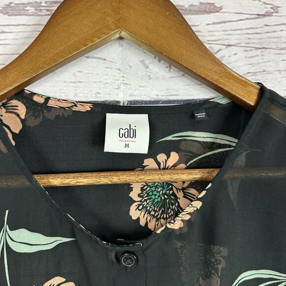 CAbi 5206 Blouse Women Medium Black Floral Ruffle Sheer Flowy La Di Da Shirt Top - Picture 4 of 11